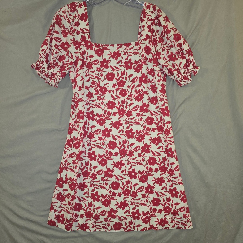 Draper James RSVP Mini Dress S Womens Red White Floral Puff Sleeve Square Neck